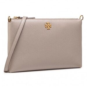 Tory Burch Kira Mercer Pebbled Leather Taupe / Beige Zip Crossbody Bag